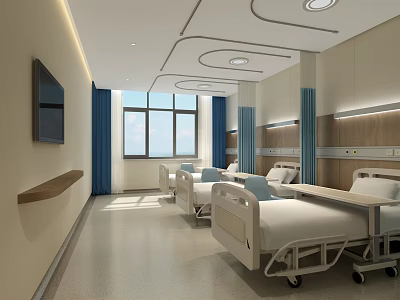 Modern Hospital Ward Interior With White Hospital Beds Blue Curtains And TV 3d model