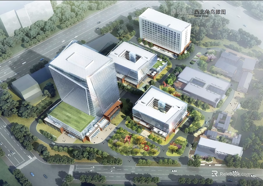 Modern Industrial Park With Multiple Buildings Green Spaces And Rooftop Gardens 3d model 