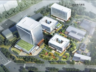 Modern Industrial Park With Multiple Buildings Green Spaces And Rooftop Gardens 3d model