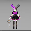 3D Character and Creature with Twin Ponytails Pink Black Hair Black Pink Dress Holding Staff