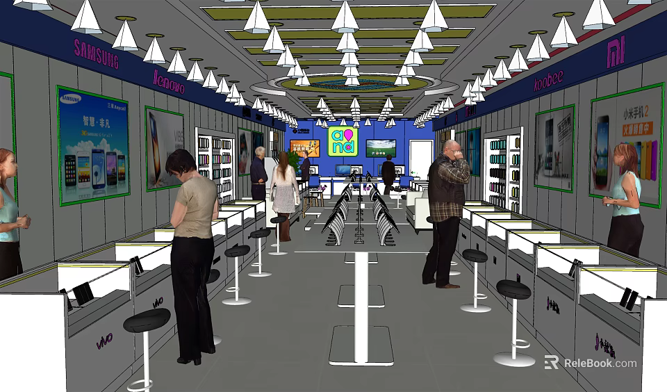 Modern Digital Store Interior With Customers Shopping And Digital Products On Shelves 3d model 