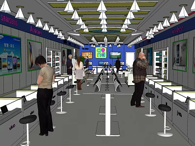 Modern Digital Store Interior With Customers Shopping And Digital Products On Shelves 3d model