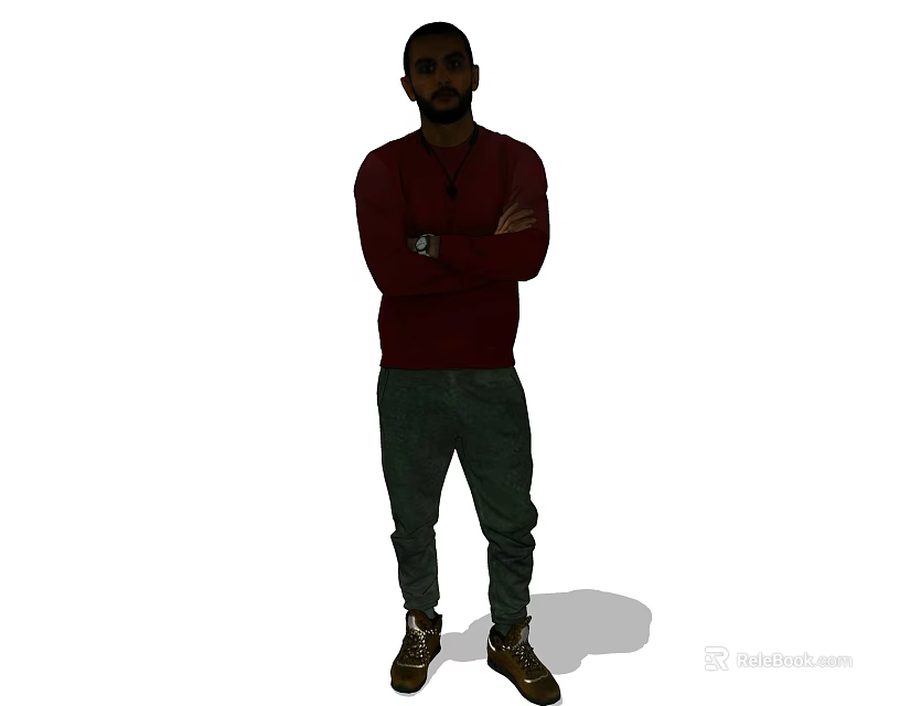 Man Standing With Arms Crossed Wearing Red Sweater Dark Pants And Brown Shoes 3d model 