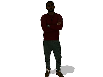 Man Standing With Arms Crossed Wearing Red Sweater Dark Pants And Brown Shoes 3d model