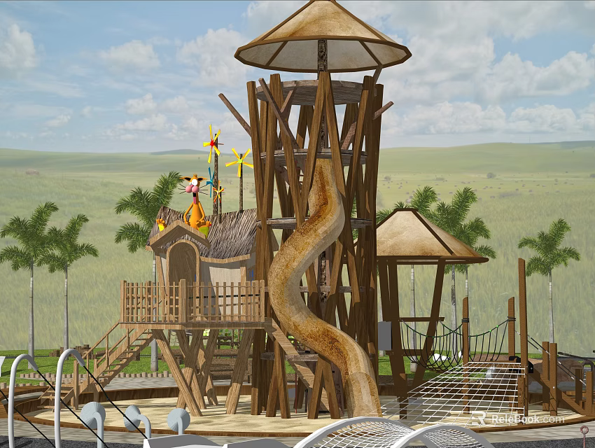 Garden Ornament With Wooden Play Structure Slide And Thatched Roof Among Palm Trees 3d model 