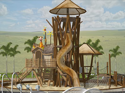 Garden Ornament With Wooden Play Structure Slide And Thatched Roof Among Palm Trees 3d model
