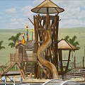Garden Ornament With Wooden Play Structure Slide And Thatched Roof Among Palm Trees
