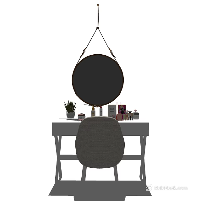 Grey Dressing Table With Round Hanging Mirror Cosmetics Skincare And Small Potted Plant 3d model 