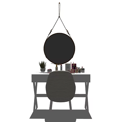 Grey Dressing Table With Round Hanging Mirror Cosmetics Skincare And Small Potted Plant 3d model