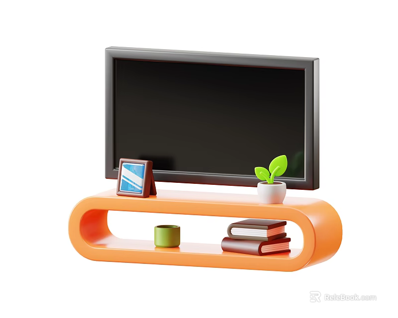 Modern Orange TV Stand With Black TV Photo Frame Potted Plant Books And Green Cup 3d model 