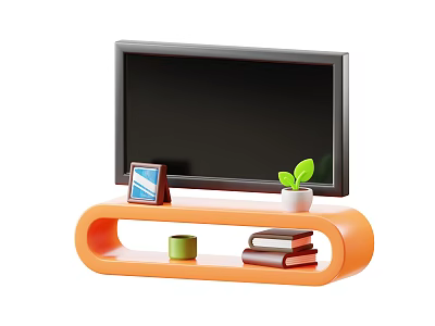 Modern Orange TV Stand With Black TV Photo Frame Potted Plant Books And Green Cup 3d model