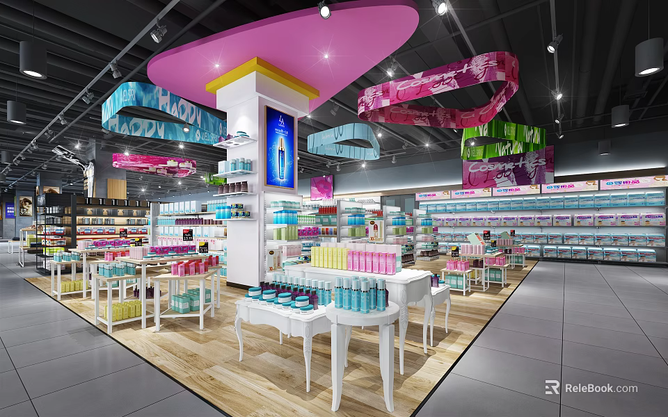 Modern Department Store Interior With Well Arranged Shelves Various Daily Products And Colorful Decorations 3d model 