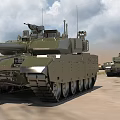Modern Military Tank With Long Gun Barrel And Heavy Tracks On Sandy Terrain