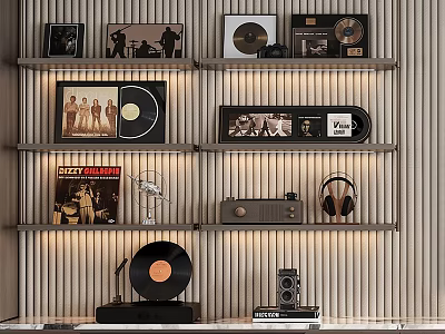 Modern Shelving Unit with Vinyl Records Record Covers Headphones Table Lamp and Vintage Radio 3d model