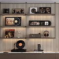 Modern Shelving Unit with Vinyl Records Record Covers Headphones Table Lamp and Vintage Radio