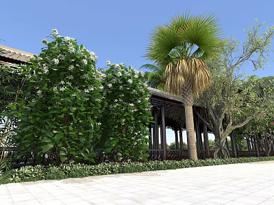 Traditional Garden Landscape With Pavilion Palm Tree Flowering Shrubs And Stone Pavement 3d model