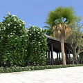Traditional Garden Landscape With Pavilion Palm Tree Flowering Shrubs And Stone Pavement