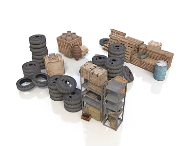 Coarse style waste tire yard tire wooden pallet metal barrel stacking industrial facilities garbage dump 3d model