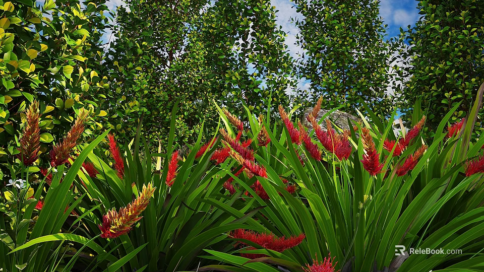Shrubs With Red And Yellow Flowers And Long Green Leaves In Garden With Tall Trees 3d model 