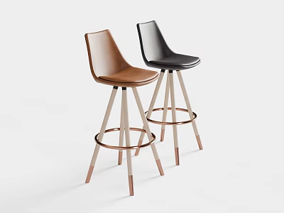 Modern Bar Stools With Brown And Black Leather Seats And Wooden Legs Design 3d model