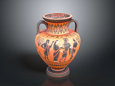 Greek Style Amphora With Black Figure Designs Two Handles And Orange Base Color 3d model