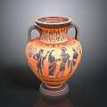 Greek Style Amphora With Black Figure Designs Two Handles And Orange Base Color