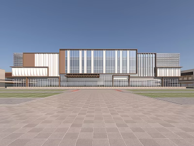 Modern Symmetrical Building Exterior Featuring Glass Curtain Wall And Spacious Front Plaza 3d model