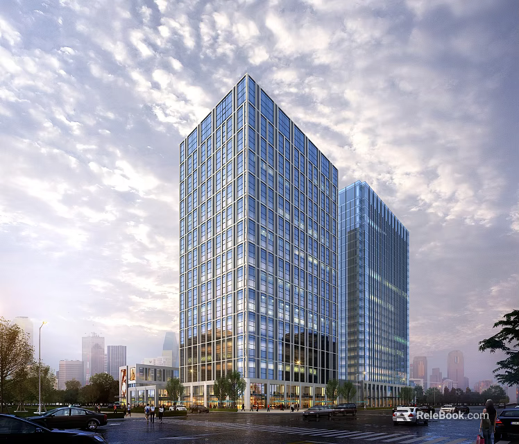 Modern Glass Curtain Office Building With Urban City Skyline And Cloudy Sky 3d model 