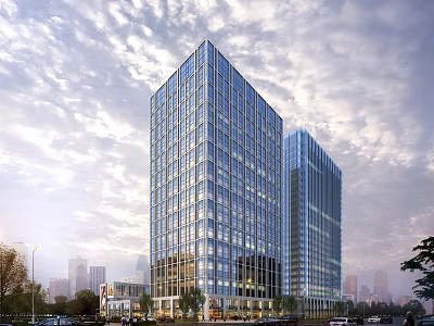 Modern Glass Curtain Office Building With Urban City Skyline And Cloudy Sky 3d model
