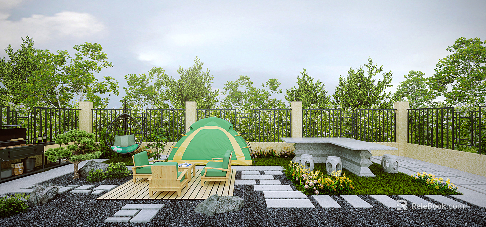 Serene Courtyard Garden With Green Tent Wooden Chairs Table Stone Path And Lush Plants 3d model 