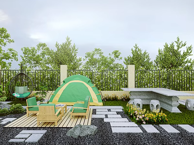 Serene Courtyard Garden With Green Tent Wooden Chairs Table Stone Path And Lush Plants 3d model