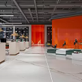 Modern Public Office Space With Large Windows Workstations Green Sofas Shiny Floor And Orange Wall 3d model
