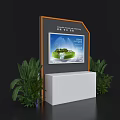 Exhibition Island with Screen Displaying Green Island Building and Surrounding Green Plants on White Base