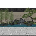 Perforated Scenic Wall with Rockery Water Pond and Pine Trees in Garden with Stone Slabs