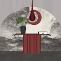 Red Console Table With Green Plant And Red Circular Decor In Mountain Texture Interior 3d model