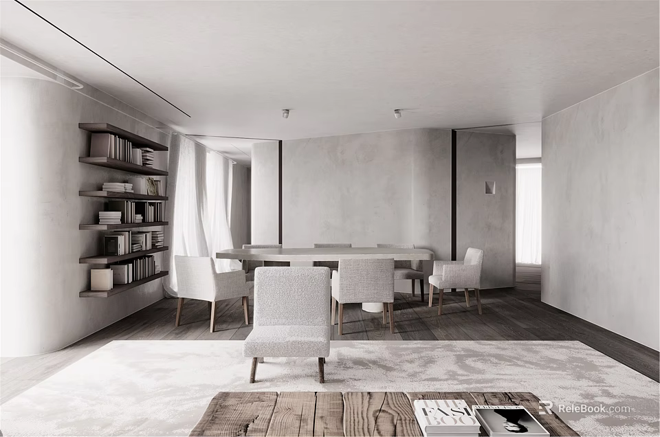 Minimalist Living And Dining Room Interior With Bookshelves Dining Table Chairs And Rug 3d model 