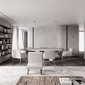 Minimalist Living And Dining Room Interior With Bookshelves Dining Table Chairs And Rug