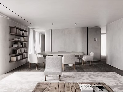 Minimalist Living And Dining Room Interior With Bookshelves Dining Table Chairs And Rug 3d model