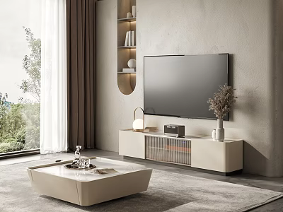 Modern TV Wall Design with Curved Shelves TV Stand Neutral Tones Decor and Natural Light 3d model
