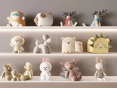 Cute Plush Toys Displayed On White Shelves With Grey Wall 3d model