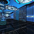 Modern Futuristic KTV Interior With Blue Lighting Circular Ceiling Bar Counter And Geometric Seats