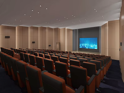 Modern Cinema Hall Interior With Rows Of Seats Large Screen And Wooden Walls 3d model