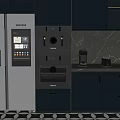 Modern Kitchen Interior With Samsung Appliances Refrigerator Oven Coffee Maker And Black Cabinets