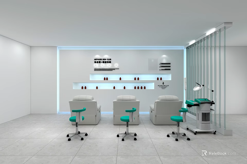 Elegant Modern Beauty Salon With Comfortable Green Chairs Product Shelves And Styling Tools 3d model 