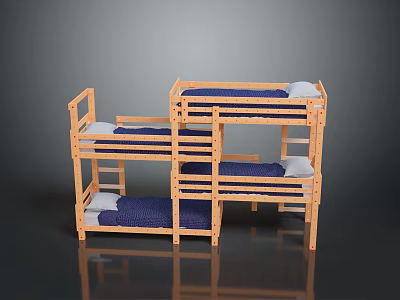 Wooden Bunk Bed With Blue Mattress And Ladder For Kids Bedroom Furniture 3d model