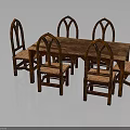 Rustic Wooden Dining Table With Six Arched Back Chairs And Textured Wooden Top