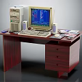 Vintage Desktop Computer Setup on Wooden Desk with Keyboard Monitor Mouse and Discs