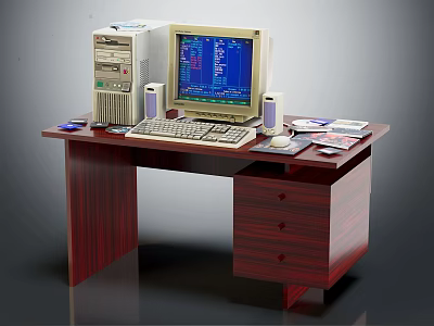 Vintage Desktop Computer Setup on Wooden Desk with Keyboard Monitor Mouse and Discs 3d model