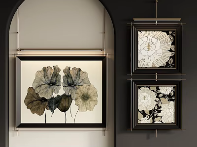 Minimalist Modern Abstract Paintings With Floral Motifs Black Metal Frames And Contrasting Colors 3d model