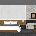 Elegant Hotel Room Interior With King Bed White Linens Decorative Wall And Sofa